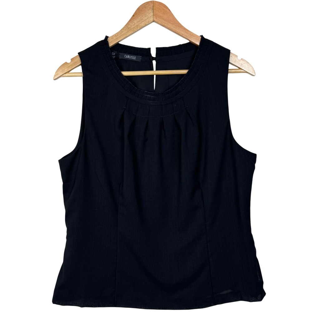 Carlisle Blouse Womens 12 (M) Black Wool Blend Pleated Neck Sleeveless Side Zip